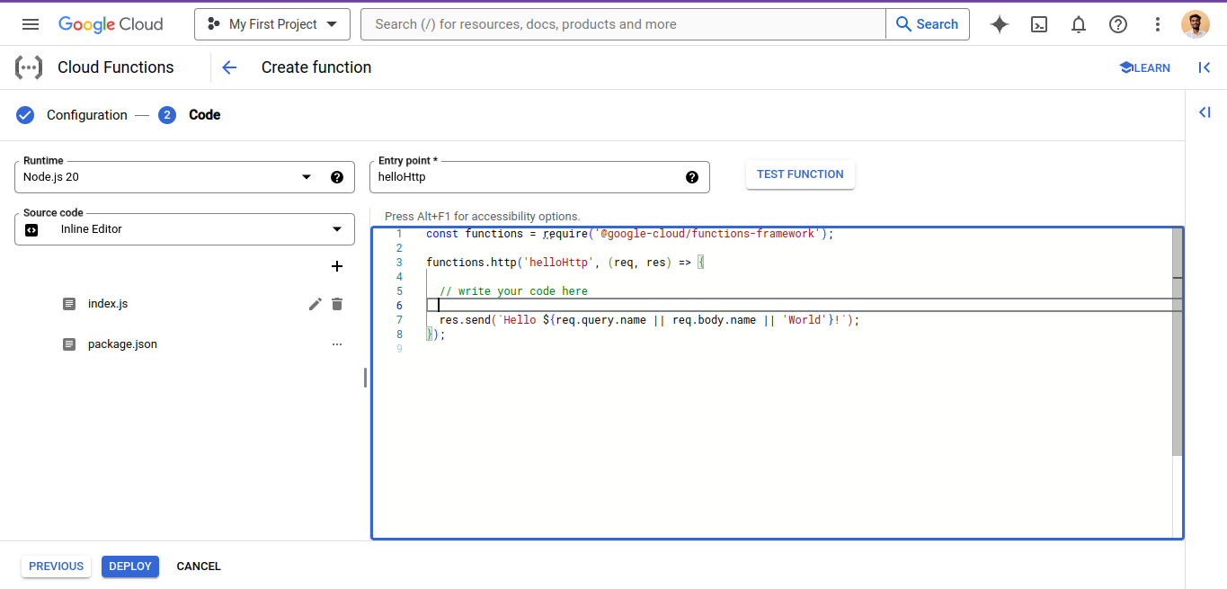 google cloud function inline editor  